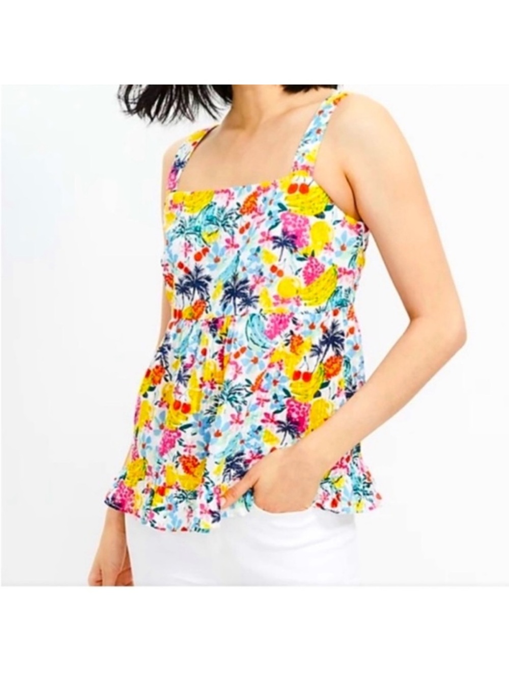 Loft Bright Tropical Print Peplum Cami - Yellow Multicolor. Size Large